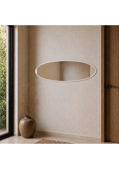 Modern Oval Boy Aynası 40x120 Cm İnce Çerçeveli Minimalist Dekoratif Duvar Aynası Beyaz