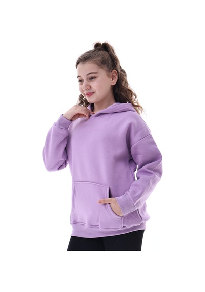 Unisex Çocuk Kapüşonlu Sweatshirt 5-14 Yaş Oversize Günlük Spor Lila Mor