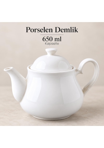 Lexroo Porselen Demlik 650 Ml, Beyaz Kapaklı Çay Demliği, Oval Kulplu Ve Uzun Dökme Ağızlı