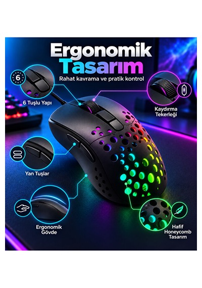 8000 Dpı Kablolu Oyuncu Mouse 6 Tuşlu Renkli Aydınlatmalı Usb Gaming Mouse Delikli 001