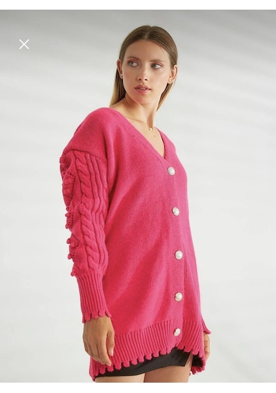 Örgü İşleme Detaylı Pembe Hırka-357 Pembe