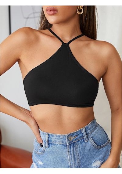 Liona Kadın Siyah Renk Sırtı Açık Bağcıklı Sütyen Stil Super Crop Halter Bluz 001