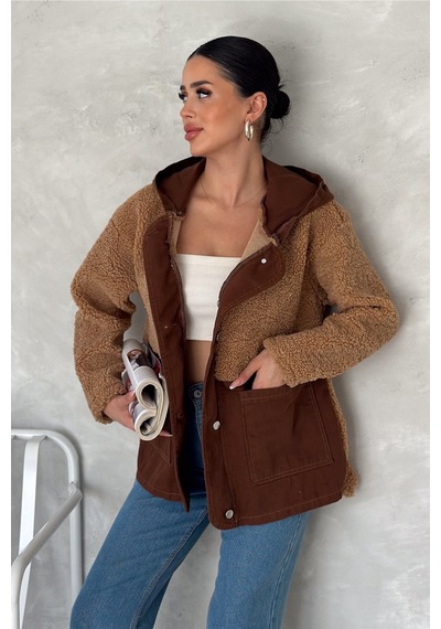 Femelle Kadın Kahverengi Çıtçıt Düğmeli Kapüşonlu Gabardin Peluş Ceket Koyu Kahverengi Femelle Kadın Kahverengi Çıtçıt Düğmeli Kapüşonlu Gabardin Peluş Ceket Koyu Kahverengi