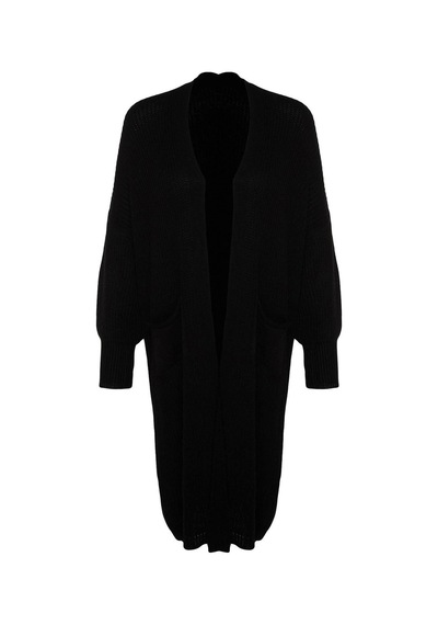 Frm Kadın Moda Şık Uzun V Yaka Regular Maxi Basic Triko Hırka Siyah