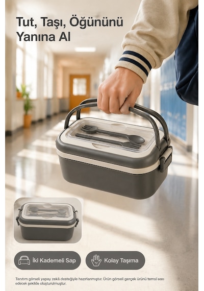 Antrasit 3 Bölmeli Çocuk Beslenme Kutusu Kaşık Çatal Dahil Kilitli Kapaklı Taşıma Saplı Lunch Box