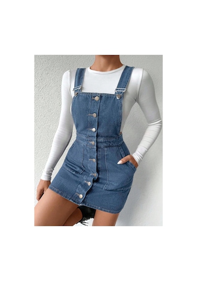 Kene Jeans Ön Düğmeli Etekli Koyu Mavi Bahçevan Elbise Koyu Mavi