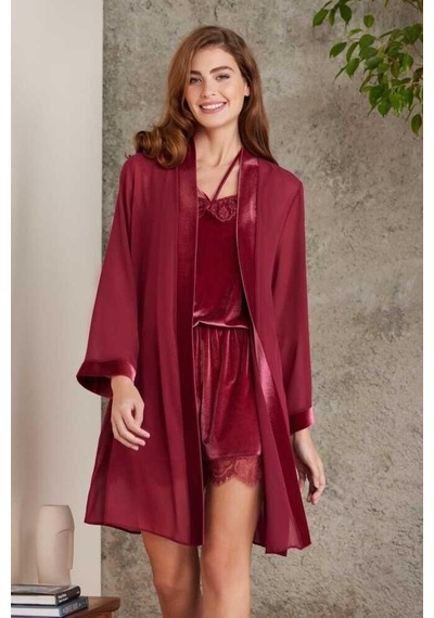 Pierre Cardin Dantelli Kadife Tulum Sabahlık Takım 4800 Bordo 001