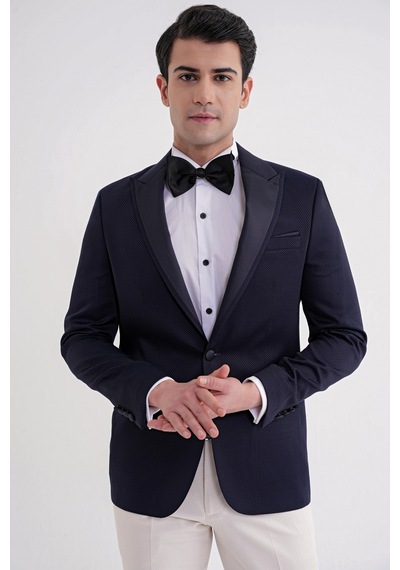 Black 035 Slim Fit Saten Yaka Çift Yırtmaçlı Tek Düğmeli Lacivert Damatlık Smokin Ceket Lacivert