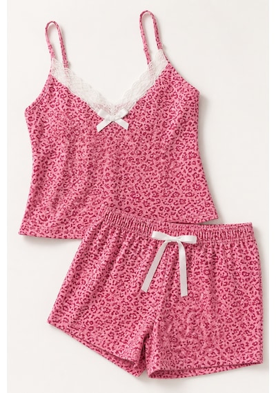 Bravie Kadın Büyük Beden İp Askılı Yakası Dantelli Çiçek Desenli Yazlık Pijama Takımı Pembe