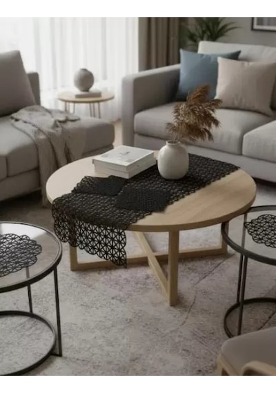 Salon Takımı 5 Parça Açılı Model Dantel Runner Seti Siyah Masa Örtüsü No 257
