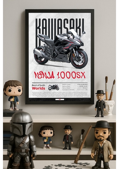 Kawasaki Ninja 1000 Sx Siyah Ahşap Çerçeveli Poster, Dekoratif Motosiklet Duvar Tablosu