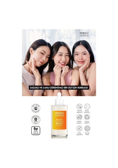 Koreaco Blocker %100 Saf SPF 50+ Suya Dayanıklı Yüksek UVB+UVA Korumalı 50ml Güneş Serumu