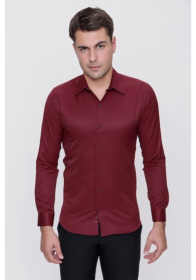 Efor Slim Fit Pamuk Saten Klasik Bordo Gömlek Gk 624 Bordo