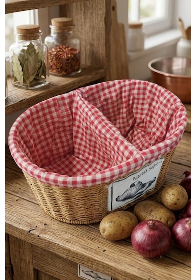 Atbyhome Oval Rattan Hasır Patates Soğan Çift Bölmeli Sepet Düzenleyici Organizer Kahverengi