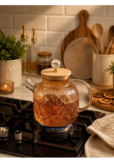 Qerhome Ateşe Dayanıklı Borosilikat Cam Demlik 1500 Ml Bambu Kapaklı Amber Cam Sürahili Çaydanlık Dh-41