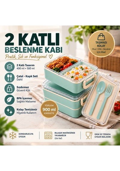2 Katlı Bölmeli Sefer Tası / Beslenme Kabı 900ml - Kaşık Çatal Setli, Sızdırmaz Ve Bpa İçermez Açık Mavi