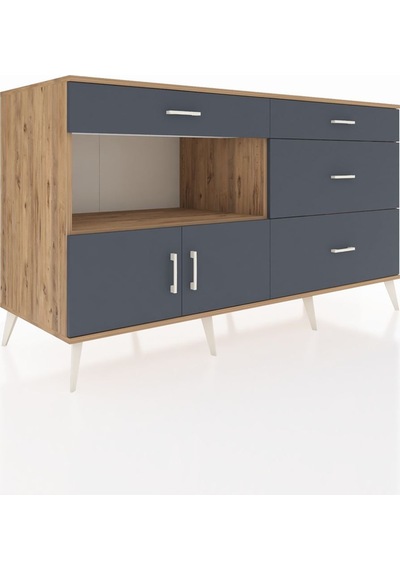 Kronos Konsol Tek Raflı 4 Çekmeceli 2 Kapaklı 176x59x99 Çam-antra Çam-antrasit