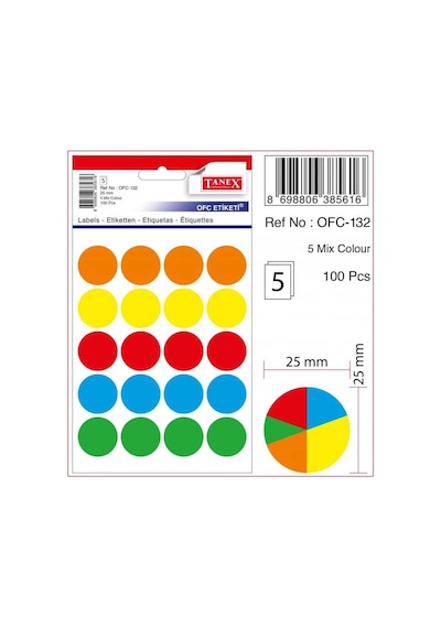 Tanex Ofc-132 Mix Color Yuvarlak Ofis Etiketi 25 Mm 5 Syf-100 Adt
