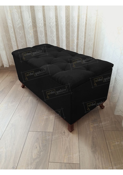 Lüks Sandıklı Kapitoneli Ayakucu Puf Bench 90 Cm Ceviz Ayak Siyah