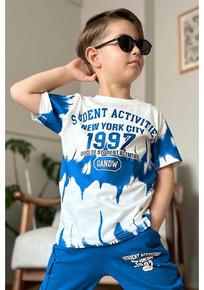 Riccotarz Erkek Çocuk New York City Ve Yazı Baskılı T-shirt Mavi Eşofman Takım