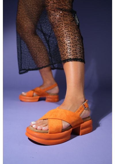 Luvishoes Luvi Shoes Lungo Turuncu Süet Çapraz Bantlı Kalın Tabanlı Kadın Sandalet Turuncu
