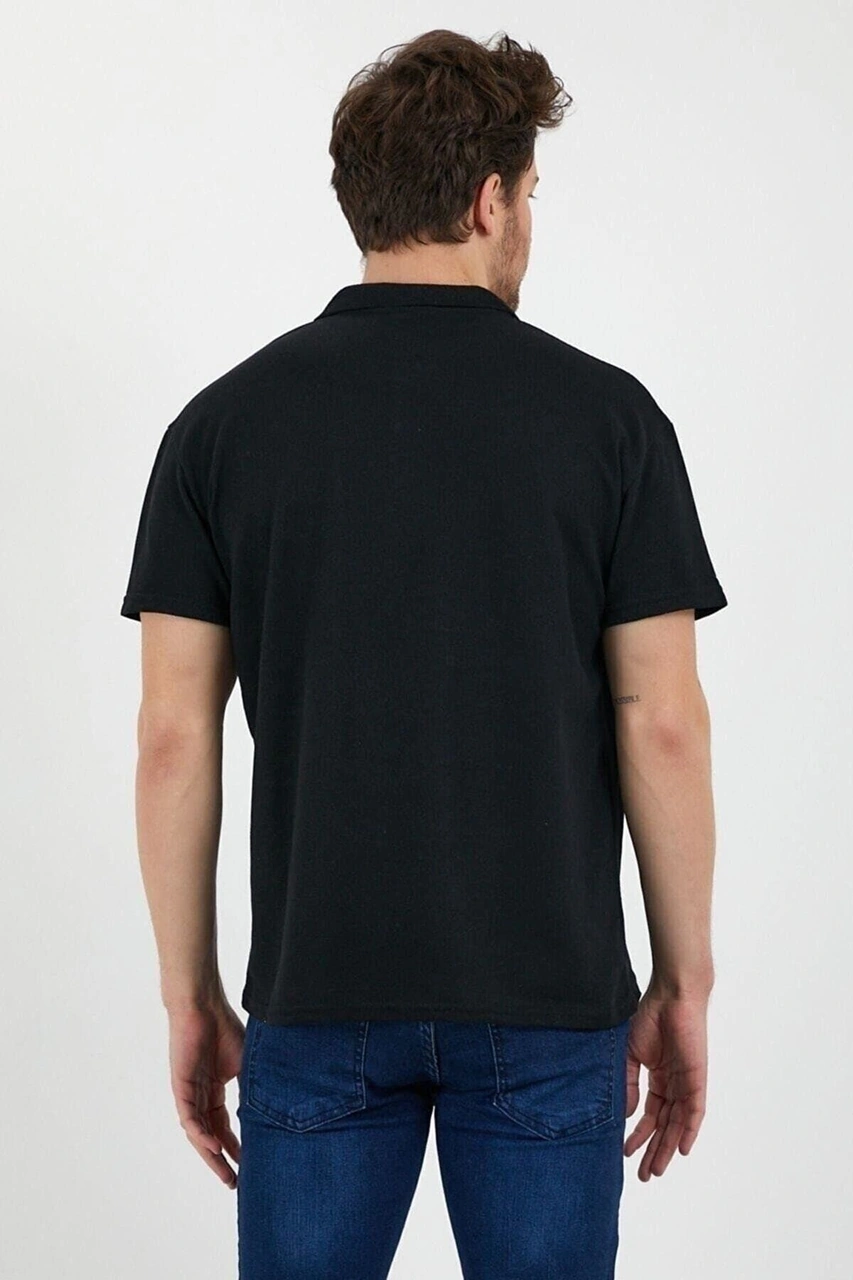 Veaven 3'lü Siyah %100 Pamuk Slim Fit Polo Yaka T-shirt Paketi Siyah