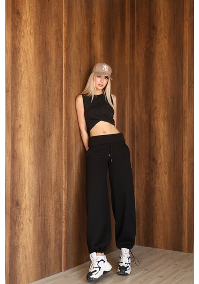 Ozy Fashion Kadın Beli Katlamalı Lastikli Bol Paça Stoper Detaylı 3 İplik Kışlık Eşofman Altı Siyah Ozy Fashion Kadın Beli Katlamalı Lastikli Bol Paça Stoper Detaylı 3 İplik Kışlık Eşofman Altı Siyah