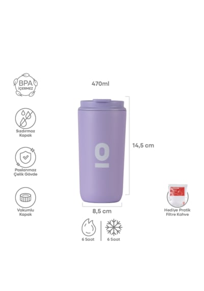 Paslanmaz Çelik Lila Mug Termos Termos Bardak 470 Ml No:162