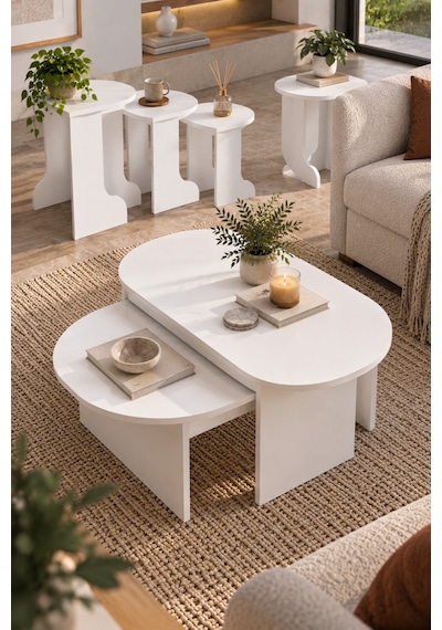 Sulorahome Orta Ve Zigon Sehpa Seti Beyaz 5'li Set