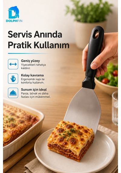 Büyük Boy Spatula 26 Cm Paslanmaz Çelik Geniş Yüzeyli Servis Spatulası Börek Pasta Lazanya Sunum Aparatı Siyah