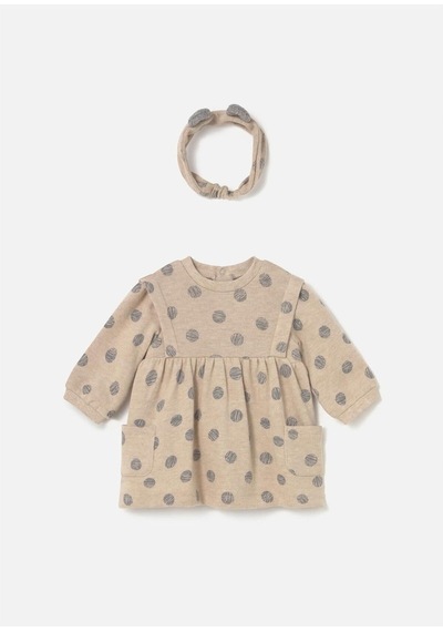Kız Bebek Saç Bantlı Elbise Set Bej 2807 Bej