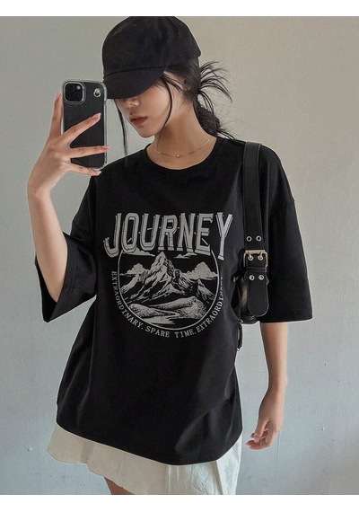 Journey Süprem T-shirt - Siyah Baskılı Oversize Bisiklet Yaka Tişört Siyah