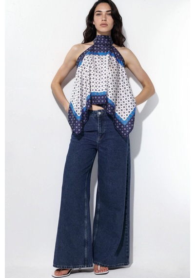 Hiccup Halter Yaka Saten Fular Top Mavi