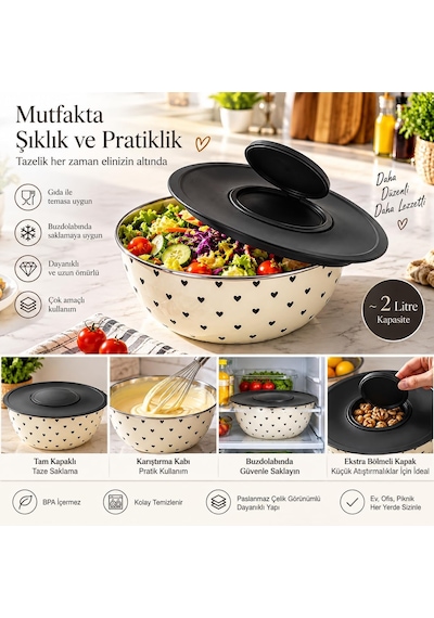 Kalpli Desenli Kapaklı Salata Kasesi, 2 Litre, Krem/siyah Diğer
