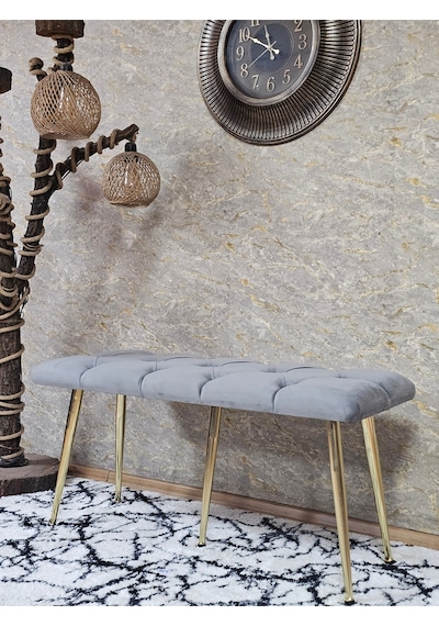 Zafir Gold Metal Yeşil Oturaklı Sivriltme Ayaklı Babyface Puf & Bench & Oturak Gri