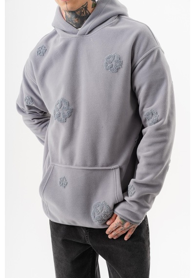 Respire Erkek Süzene Nakış Detaylı Kapüşonlu Oversize Polar Hoodie Gri