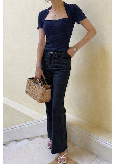 Kadın Haki Kuğu Yaka Slim Kısa Kollu Fit Crop Bluz Lacivert