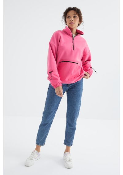 Tommy Life Şeker Pembe Etek Ucu Büzgülü Yarım Fermuarlı Oversize Kadın Polar Sweatshirt - 97238 Şeker Pembe