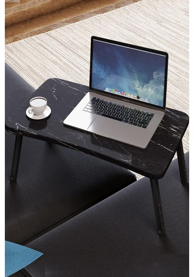 Renkli Laptop Sehpası Katlanabilir Yatak Koltuk Üstü Kahvaltı Bilgisayar Sehpası Siyah Mermer
