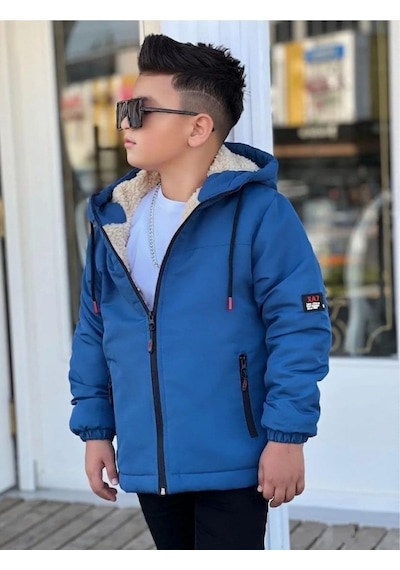 Pina Kids Erkek Çocuk Kürklü Çıkarılabilir Kapüşonlu Oversize Kışlık Mont Km4030 Saks
