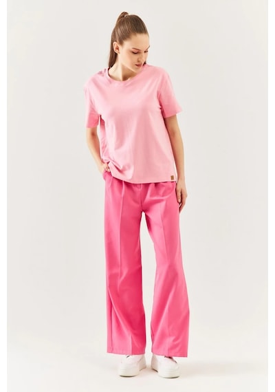Kadın Oversize Rahat %100 Pamuklu Penye Bisiklet Yaka Kısa Kol Basic T-shirt Pembe