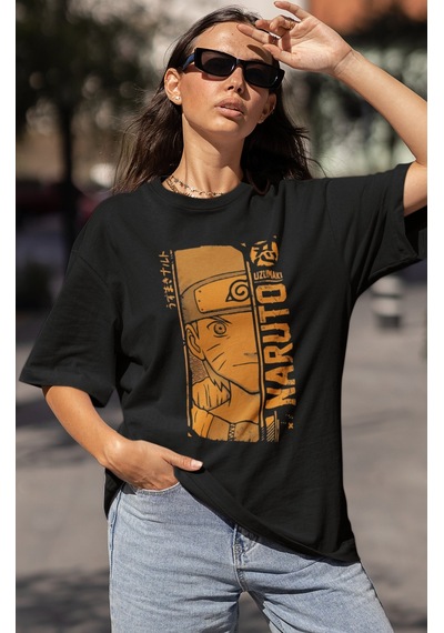 Tasarım Naruto Uzumaki Baskılı Unisex Oversize Naruto Anime Dizi Siyah