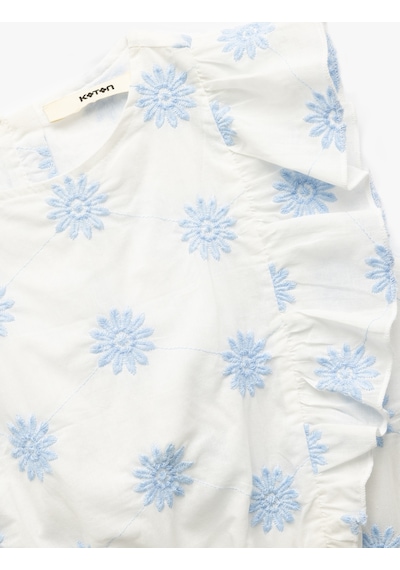 Koton Pamuklu Bisiklet Yaka Kolsuz Çiçek Nakışlı Kolsuz Crop Bluz Mavi Desenli 5skg60067aw Mavi Desenli