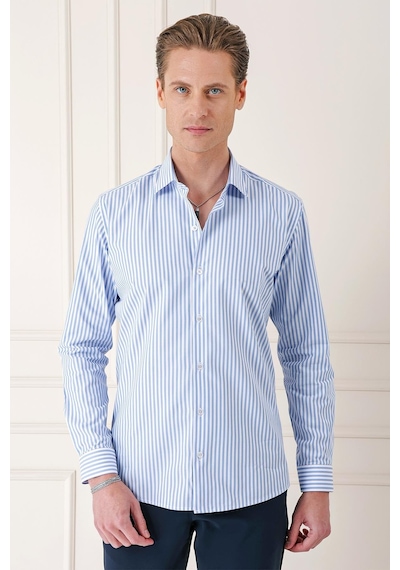 Efor Slim Fit Dikine Çizgili %100 Pamuk Klasik Mavi Beyaz Gömlek Gk 721 Mavi - Beyaz