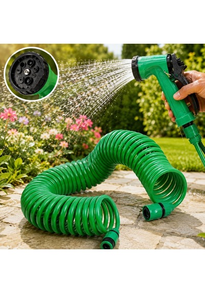 15 Metre Spiralli Bahçe Hortumu Seti Çok Fonksiyonlu Sulama Tabancalı