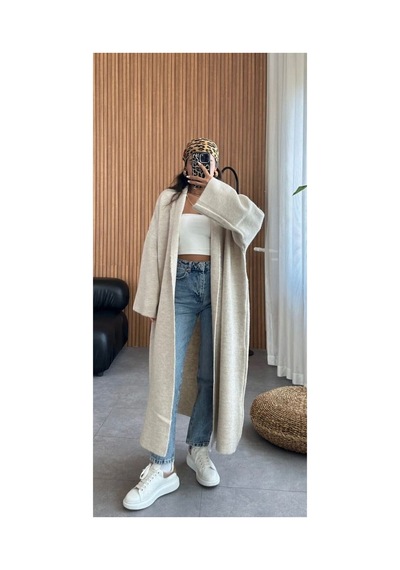 İkrafashion Maxi Boy Uzun Tesettür Triko Hırka Krem Krem
