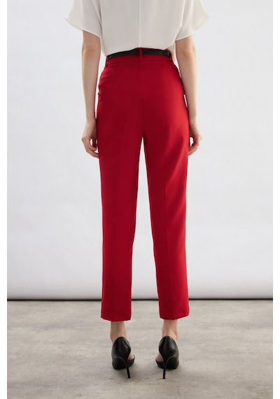 Sateen Kemerli Pantolon - Kırmızı-136700 Kırmızı