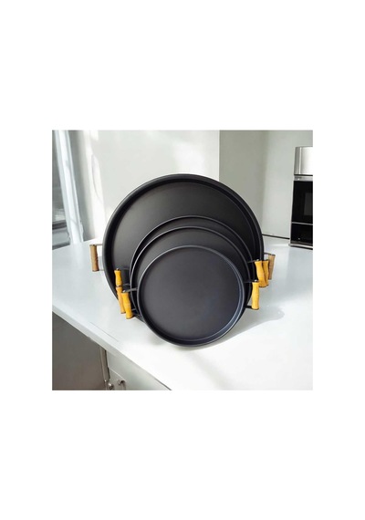 Eceaksesuar Ahşap Kulplu Metal Tepsi Çay Tepsisi 4'lü 50, 40, 37, 30 Cm Kahve Tepsisi Sunum Tepsi Seti Siyah 50 X 3 Diğer
