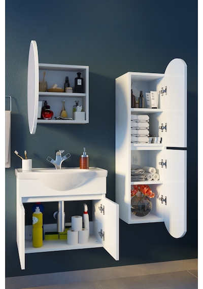Makbulce Erciyes Havlu Dolaplı 65cm Seramik Lavabolu Mdf Oval Aynalı Banyo Dolabı Beyaz
