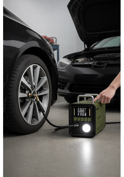 Auhma A8833 Haki 16.000 Mah 5'i 1 Arada Akü Takviye Cihazı Şarjlı Hava Kompresörü Powerbank Vakum Üfleme Dijital Fener